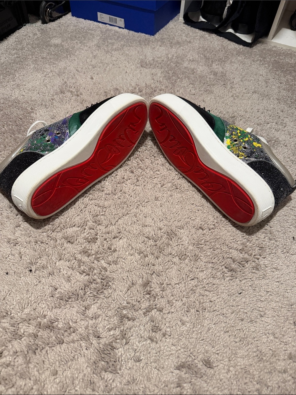 Christian Louboutin White, Black and Green Sequin-Accent Low-Top Sneakers - Picture 8 of 10